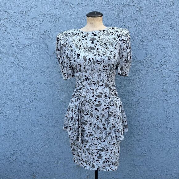 Vintage 80s Peplum Dress Ruffle Size Medium by Elegance Paris - Picture 1 of 7